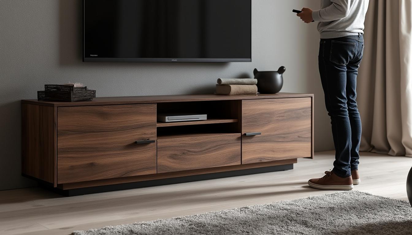 découvrez les caractéristiques essentielles du meuble tv kaorka k16 xs 120cm en noyer : design moderne, robustesse, rangements pratiques et finitions haut de gamme pour sublimer votre salon.