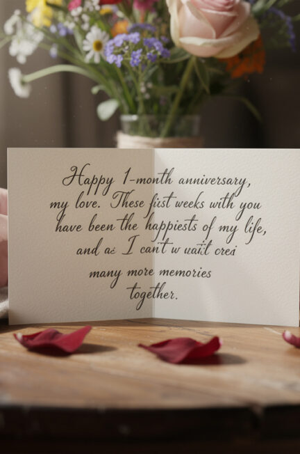 célébrez votre premier mois de relation amoureuse avec un texte touchant et personnalisé, parfait pour une carte qui exprimera vos sentiments avec délicatesse et sincérité.