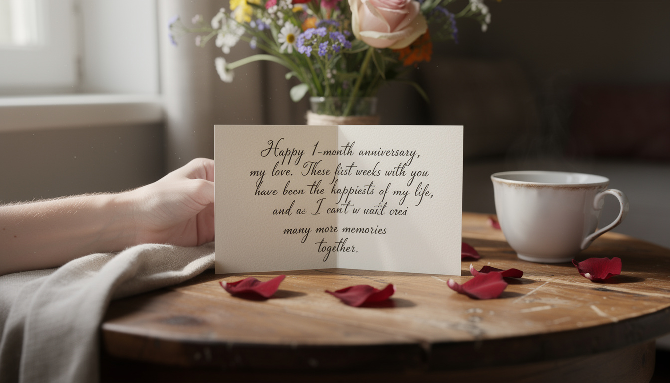 célébrez votre premier mois de relation amoureuse avec un texte touchant et personnalisé, parfait pour une carte qui exprimera vos sentiments avec délicatesse et sincérité.