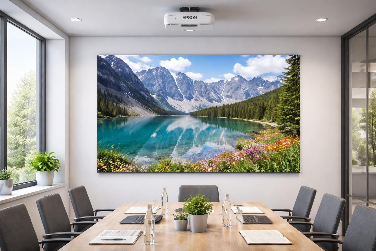 découvrez une image nette et éclatante sur tableau blanc grâce au vidéoprojecteur epson 4k, idéal pour des présentations professionnelles et des projections de haute qualité.