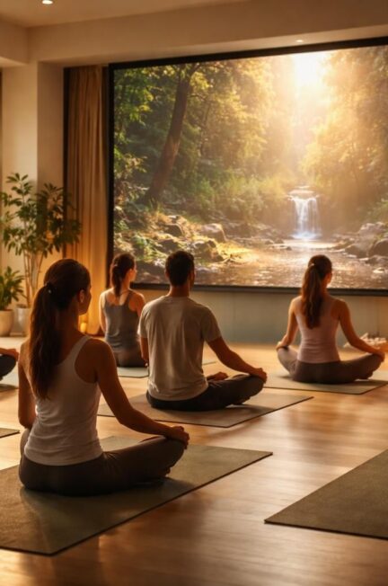 découvrez une séance de yoga immersive avec un écran de projection pour une ambiance apaisante et stimulante, idéale pour votre bien-être.