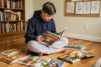 Adolescent lisant une bande dessinée sur les travaux d'Hercule entouré de livres de mythologie grecque pour la jeunesse