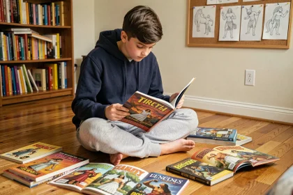 Adolescent lisant une bande dessinée sur les travaux d'Hercule entouré de livres de mythologie grecque pour la jeunesse