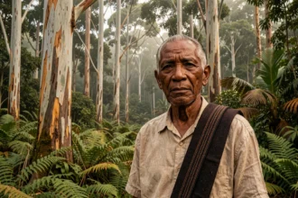 Portrait d'un chef kanak âgé en tenue traditionnelle devant une forêt de niaoulis en Nouvelle-Calédonie