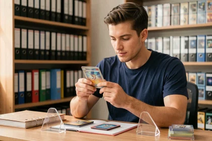 Collectionneur examinant une carte Pokémon holographique Méga Évolution avec des accessoires de protection et de rangement sur un bureau en bois