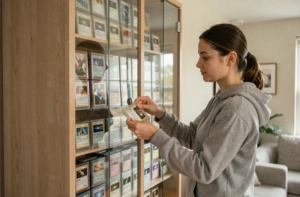 Collectionneuse rangeant des cartes Pokémon Méga Évolution gradées dans une vitrine dédiée avec des dalles PSA et des classeurs organisés
