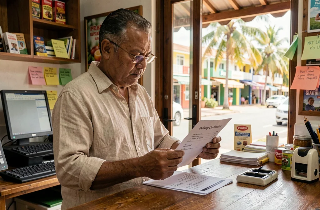 Commerçant mauricien vérifiant une confirmation de livraison avec code postal dans une boutique à Grand Baie