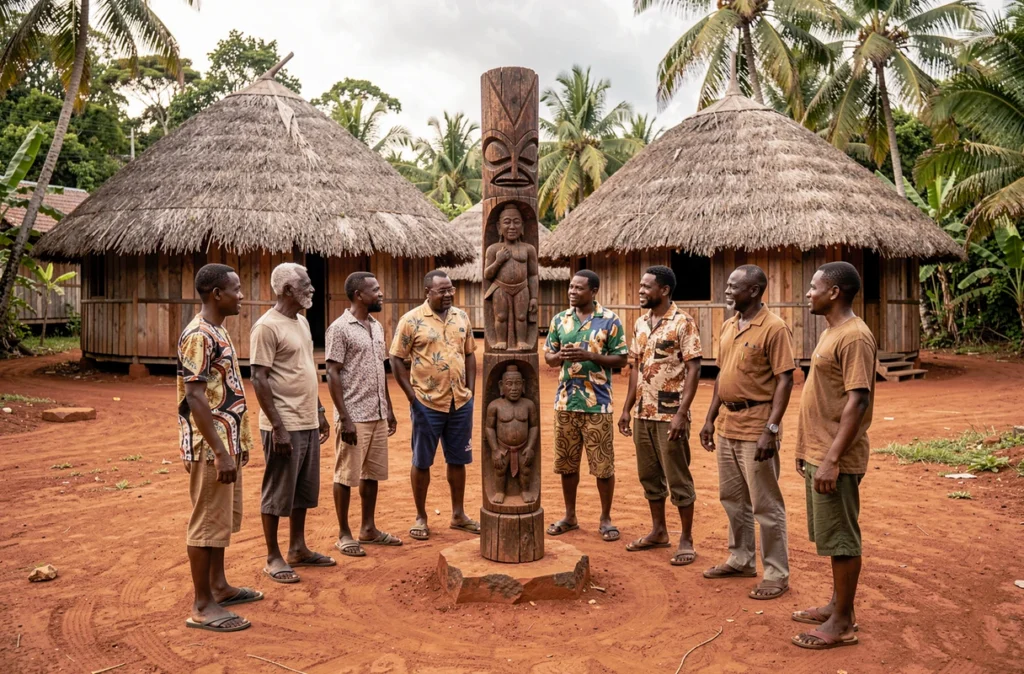 Membres d'une communauté kanak réunis autour d'un totem sculpté dans un village traditionnel de Nouvelle-Calédonie