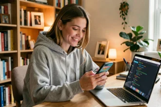 Jeune femme utilisant Discord sur smartphone et ordinateur pour obtenir des dés gratuits sur Monopoly GO
