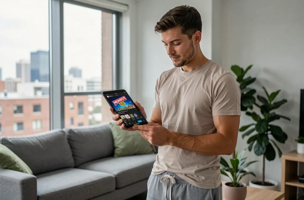Homme parcourant TikTok sur une tablette pour trouver des codes de dés gratuits Monopoly GO