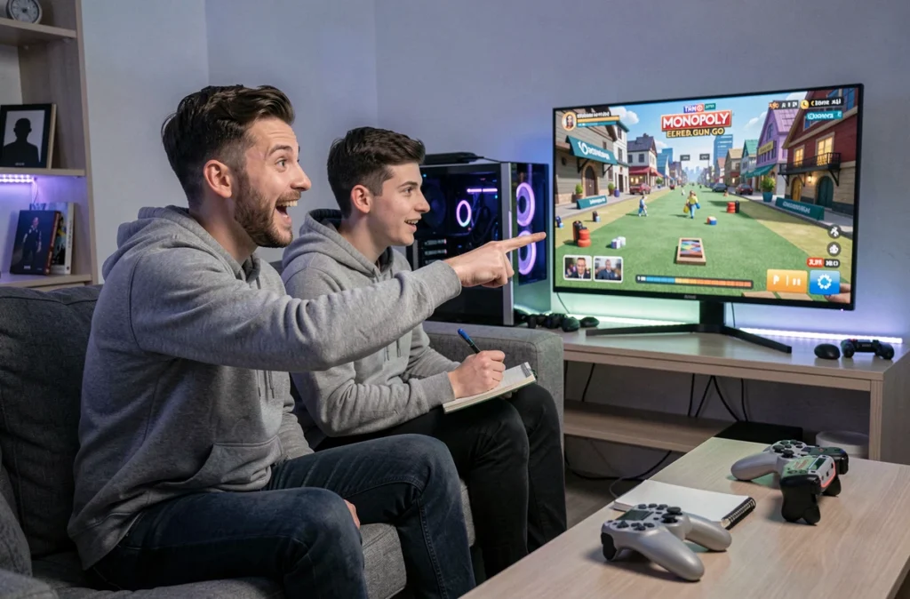 Deux amis regardant un stream Twitch de Monopoly GO pour récupérer des dés gratuits