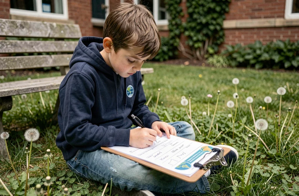 Enfant complétant un quiz imprimé sur la journée de la Terre dans la cour d'école