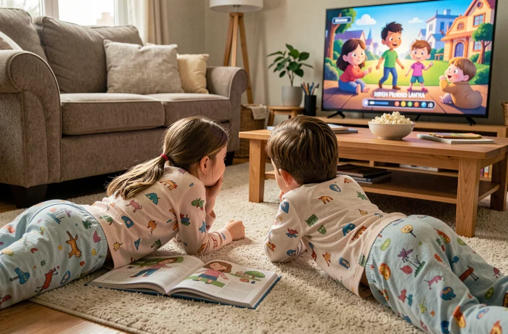 Deux enfants regardant un film d'animation sur Hercule allongés sur un tapis avec des livres illustrés de mythologie grecque