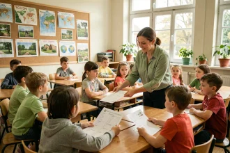 Enseignante distribuant des feuilles de quiz sur la journée de la Terre à des élèves en classe
