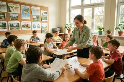 Enseignante distribuant des feuilles de quiz sur la journée de la Terre à des élèves en classe