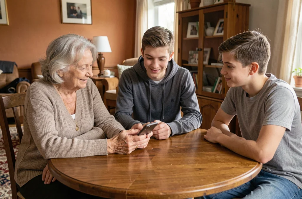 Groupe intergénérationnel partageant un smartphone autour d'une table, représentant un dialogue apaisé sur la technologie au quotidien