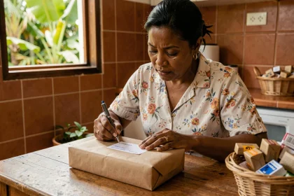 Femme mauricienne écrivant un code postal sur un colis à domicile à l'Île Maurice