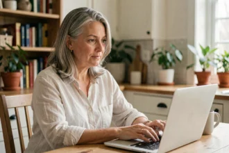 Femme sereine utilisant un ordinateur portable à la maison, illustrant une relation apaisée avec la technologie