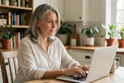Femme sereine utilisant un ordinateur portable à la maison, illustrant une relation apaisée avec la technologie