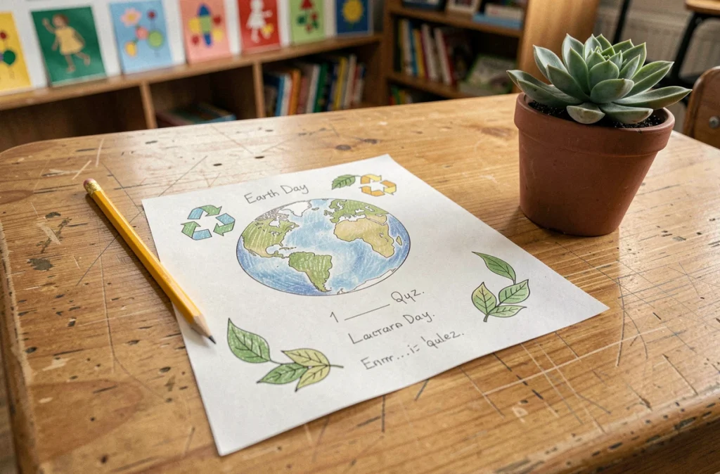 Gros plan d'un quiz de la journée de la Terre imprimé avec un crayon et une plante sur un bureau d'école