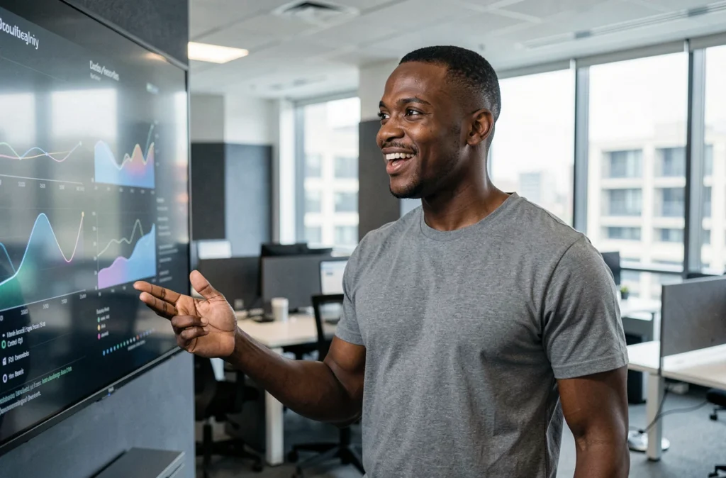 Professionnel interagissant avec un écran tactile dans un espace de coworking moderne, symbolisant la maîtrise de la technologie
