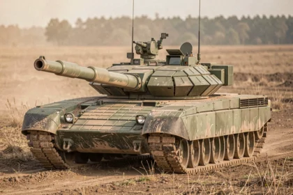 Char de combat moderne Leclerc vu de face en trois quarts lors d'un exercice militaire, blindage composite en détail