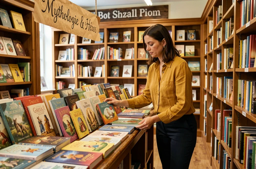 Libraire arrangeant une sélection de livres jeunesse sur Hercule et la mythologie grecque dans une librairie indépendante