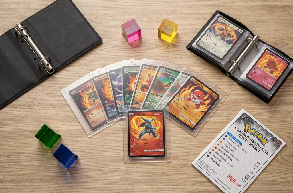 Mise à plat de cartes Pokémon Méga Évolution flamme avec protège-cartes, classeur et accessoires de collection organisés sur une table en chêne