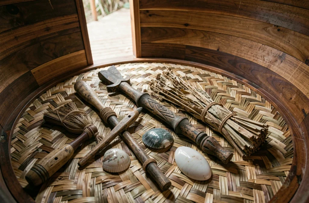 Objets cérémoniels kanak disposés sur une natte en pandanus à l'intérieur d'une grande case traditionnelle