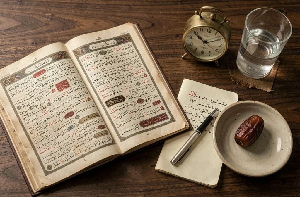 Bureau organisé avec Coran ouvert, carnet d'invocations et horloge pour la prière du witr pendant le ramadan
