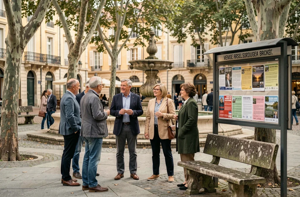 Habitants rassemblés sur une place publique de Toulouse devant un panneau d'affichage municipal