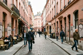 Rue animée d'un quartier populaire de Toulouse avec immeubles en briques roses et passants