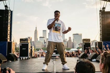Rappeur américain en performance sur une grande scène de festival en plein air à New York, micro en main, foule en arrière-plan
