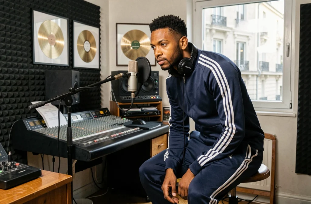 Rappeur français en studio d'enregistrement parisien, micro professionnel et décor urbain caractéristique de la scène rap française