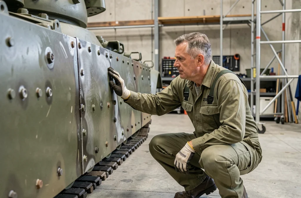 Technicien militaire inspectant le blindage latéral d'un char Leclerc dans un hangar de maintenance de l'armée française