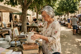 Femme examinant une cruche en céramique vintage sur un stand de vide grenier en Lot-et-Garonne