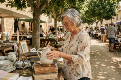 Femme examinant une cruche en céramique vintage sur un stand de vide grenier en Lot-et-Garonne