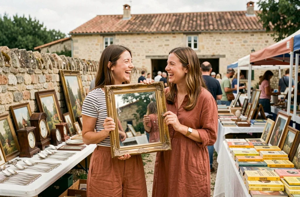 Deux jeunes femmes riant en tenant un miroir vintage encadré lors d'un vide grenier en Lot-et-Garonne