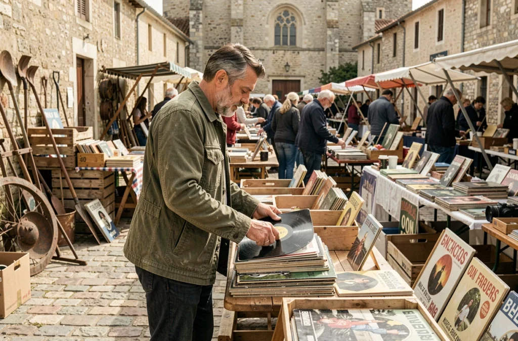 Homme parcourant des vinyles anciens lors d'un vide grenier dans un village du Lot-et-Garonne