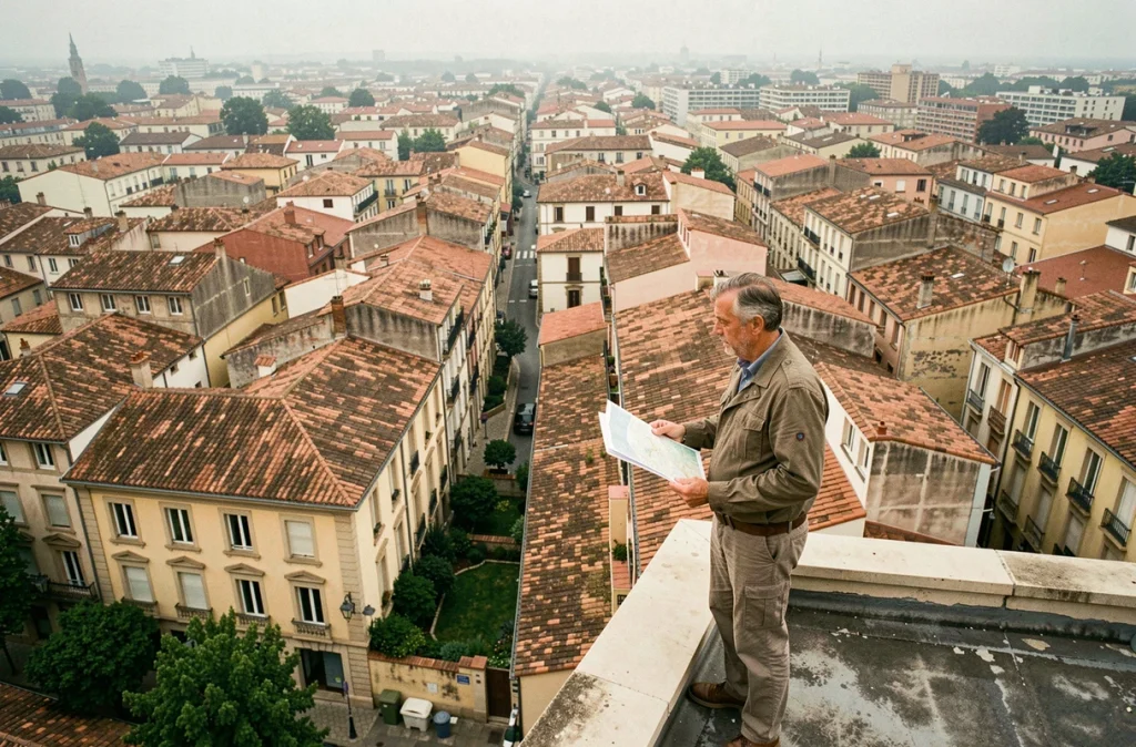 Vue depuis un toit sur les toits en tuiles d'un quartier de Toulouse avec un homme consultant un document