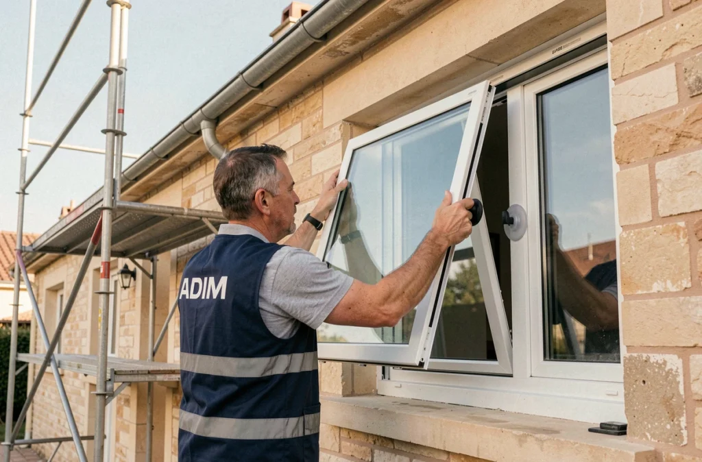 Installateur ADIM posant une fenêtre double vitrage sur une maison en rénovation