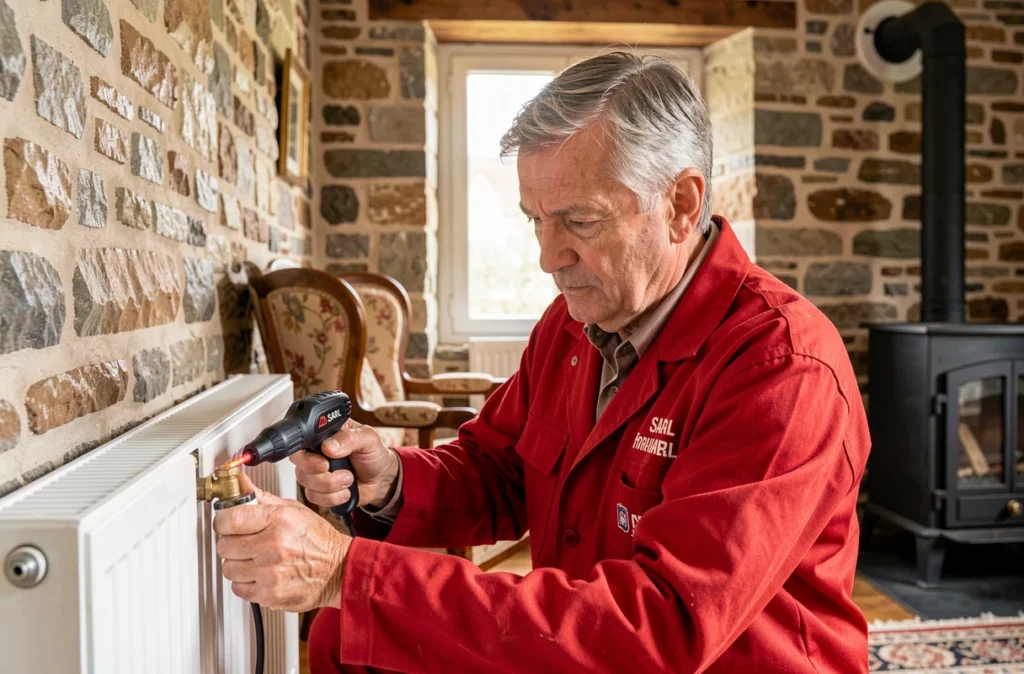 Technicien d'Amice Chauffage Maintenance SARL inspectant un radiateur dans un salon breton, pour l'entretien et l'urgence chauffage