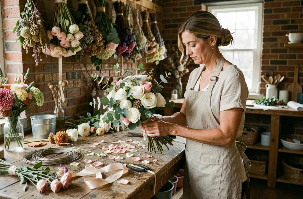 Femme fleuriste créant un bouquet de mariée champêtre dans l'atelier L'Atelier des Fleurs entouré de fleurs séchées et de feuillage