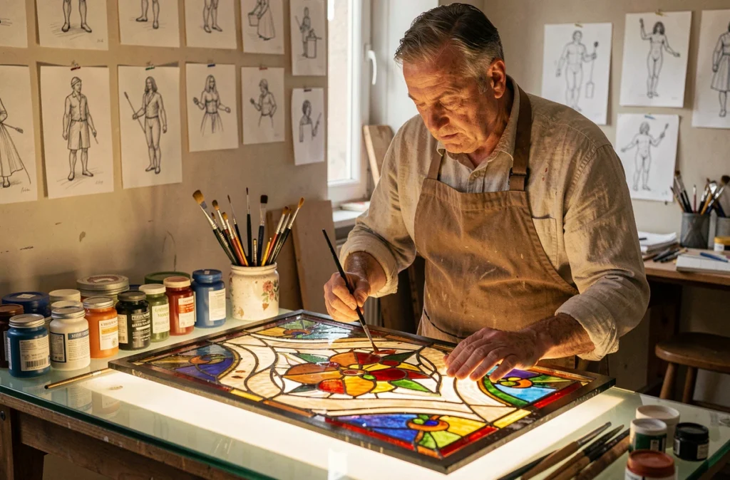 Maître artisan des Ateliers Debitus peignant un vitrail décoratif dans son studio