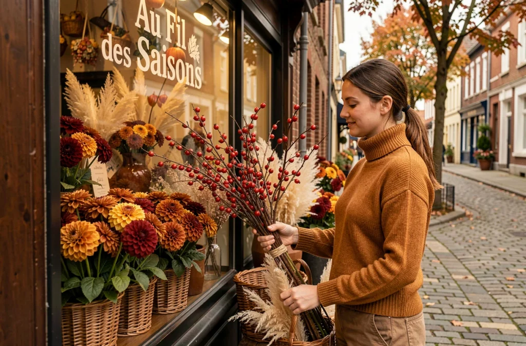 Fleuriste d'Au Fil des Saisons arrangeant une vitrine automnale de dahlias, baies d'églantier et herbes de pampa sur les pavés normands