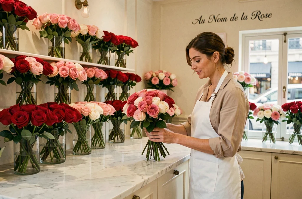 Fleuriste élégante arrangeant des roses rouges et roses dans la boutique Au Nom de la Rose, ambiance chic aux tons crème et blush