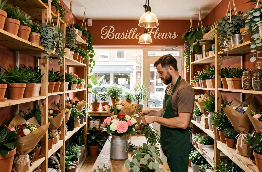 Intérieur chaleureux de Basille Fleurs avec des étagères de plantes, des bouquets emballés en papier kraft et un fleuriste au travail