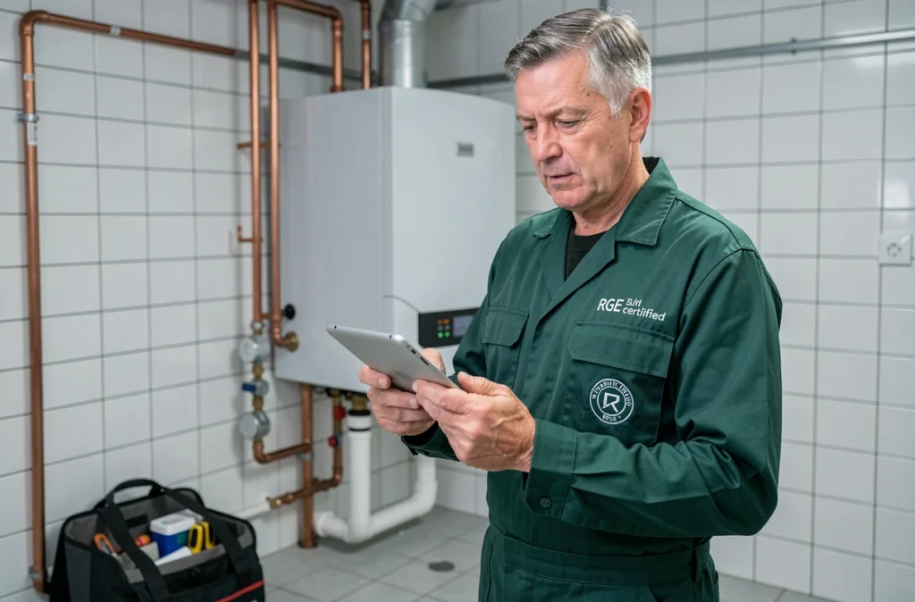 Technicien certifié RGE de BG Energies installant une chaudière moderne dans une salle technique à Saint-Brieuc, Côtes-d'Armor