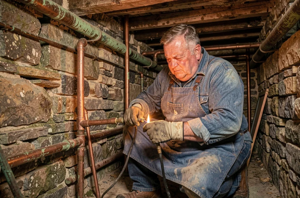 Artisan plombier Buton Claude soudant une jonction en cuivre dans la cave d'une maison en pierre bretonne des Côtes-d'Armor