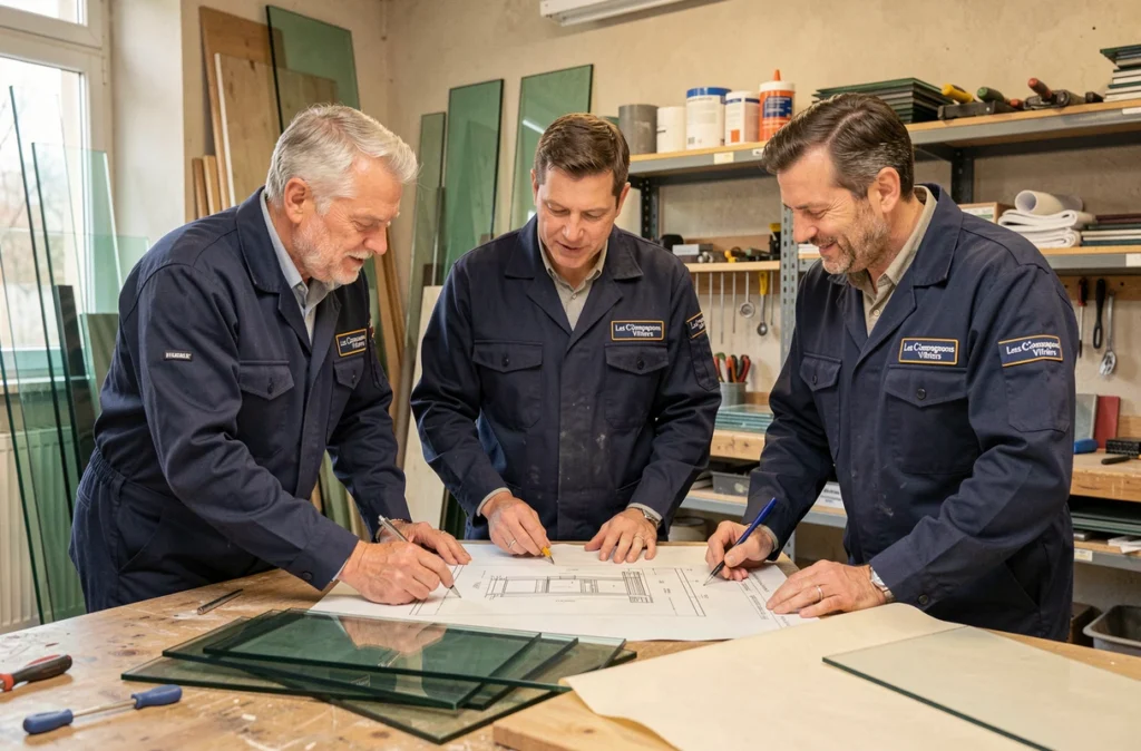 Équipe des Compagnons Vitriers étudiant des plans de vitrerie dans leur atelier